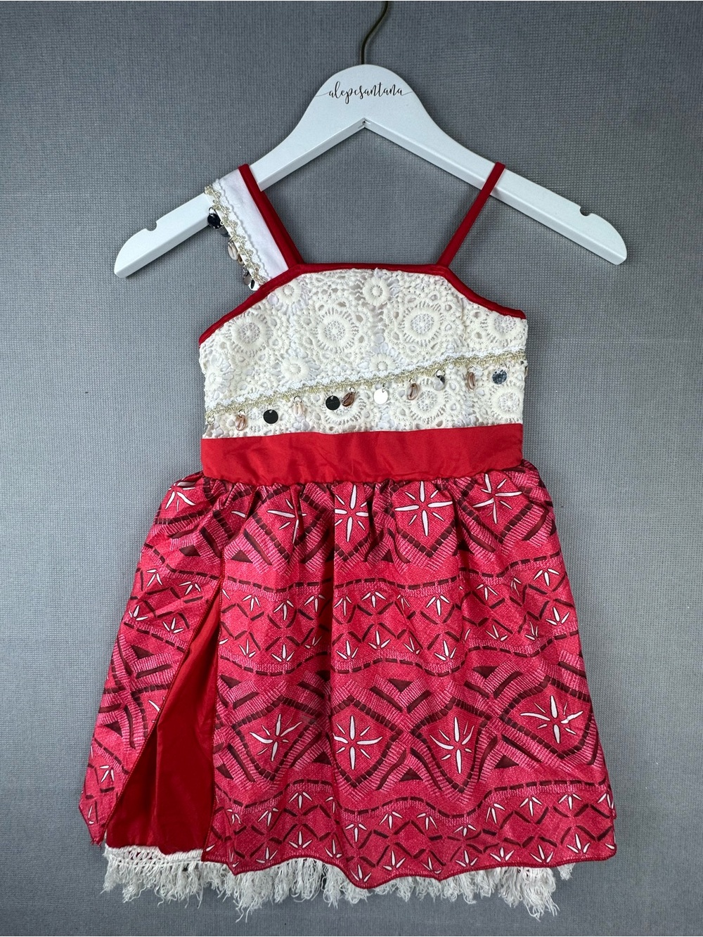 Moana Inspired Dress Girls Size 120 / US 6 Red Tribal Print Lace Costume